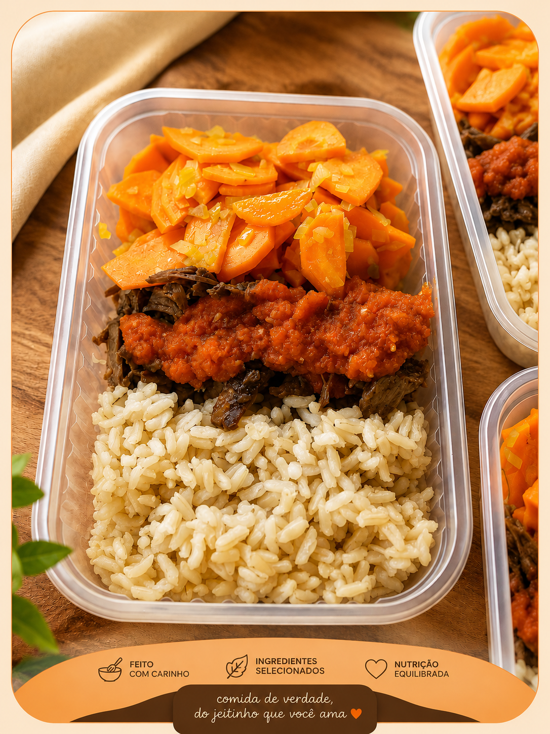 Carne Assada Desfiada ao Molho da Casa com Cenoura Refogada e Arroz Integral
