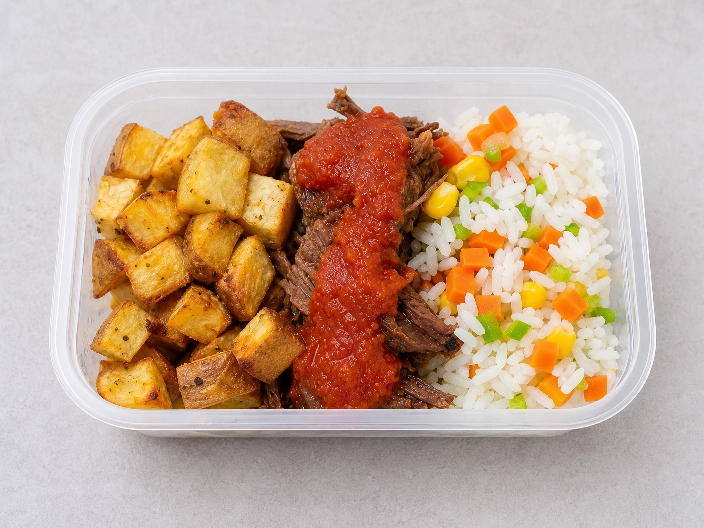 Carne Assada Desfiada a Moda da Casa, Batata Doce Assada e Arroz a Grega