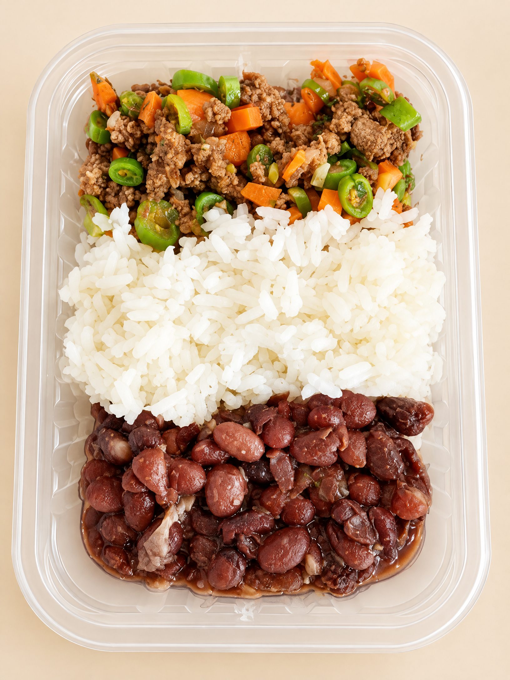 Carne Moída com Cenoura e Vagem e Arroz com Feijão